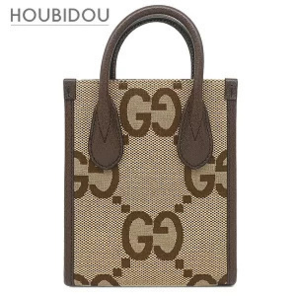 Gucci Bag Tote Leather Jumbo GG Canvas Beige Cream x Brown Sherry Strap